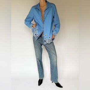 Bob Mackie Wearable Art Blue Embroidered Button Up Top Women’s Size XLg